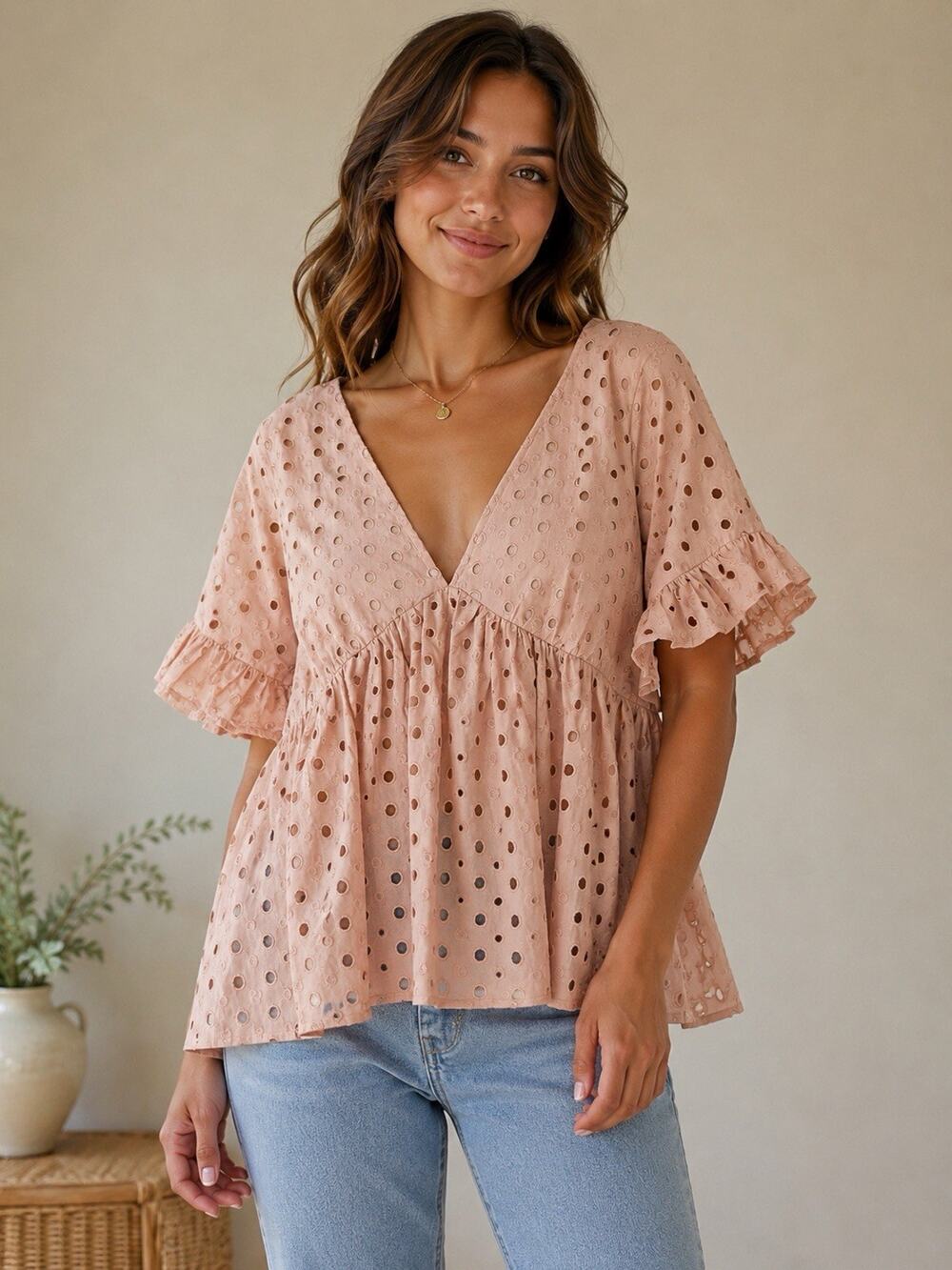 ASOS Eyelet Blouse Size 12 Coral V-Neck Ruffle Short Sleeves Feminine Coquette